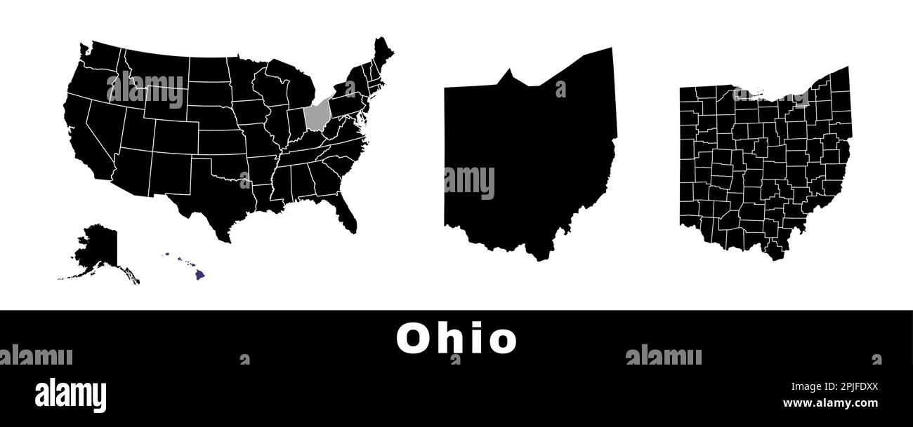 Karte des Bundesstaats Ohio, USA. Set von Karten von Ohio mit Umriss der Grenze, Landkreise und US-Bundesstaaten. Schwarzweiß-Vektordarstellung. Stock Vektor
