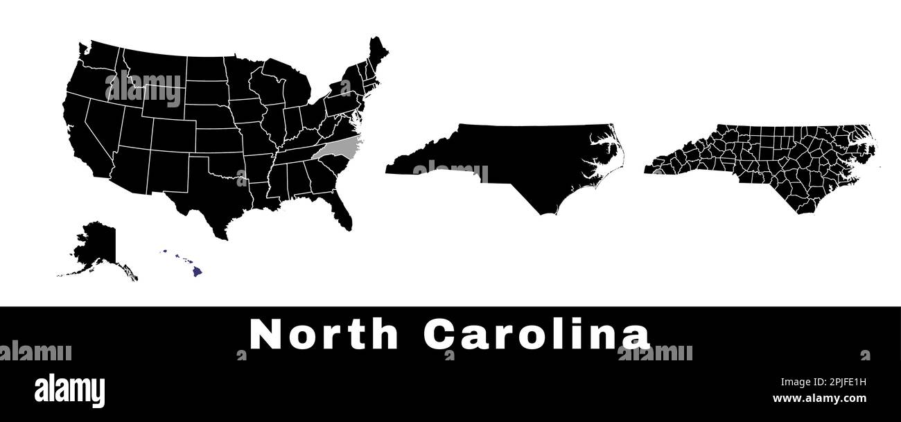 Karte des Bundesstaats North Carolina, USA. Eine Reihe von Karten von North Carolina mit einer Karte der Grenzen, Countys und US-Bundesstaaten. Schwarzweiß-Vektordarstellung. Stock Vektor