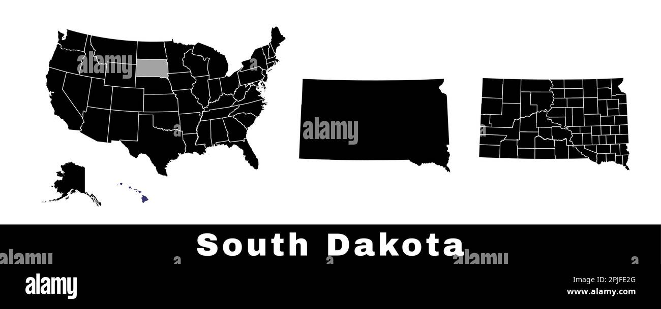 Karte des Bundesstaats South Dakota, USA. Eine Reihe von Karten von South Dakota mit einer Karte der Grenzen, Countys und US-Bundesstaaten. Schwarzweiß-Vektordarstellung. Stock Vektor