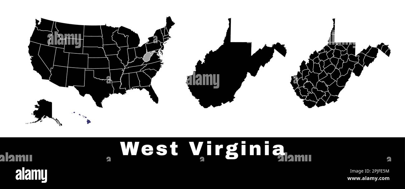 Karte des Bundesstaats West Virginia, USA. Eine Reihe von Karten von West Virginia mit einer Karte der Grenzen, Bezirke und US-Bundesstaaten. Schwarzweiß-Vektordarstellung. Stock Vektor