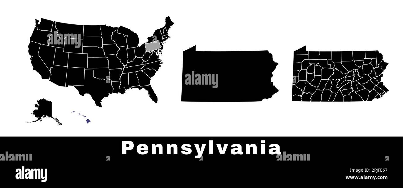 Karte des Bundesstaats Pennsylvania, USA. Eine Reihe von Karten von Pennsylvania mit einer Übersicht über die Grenzen, Landkreise und US-Bundesstaaten. Schwarzweiß-Vektordarstellung. Stock Vektor
