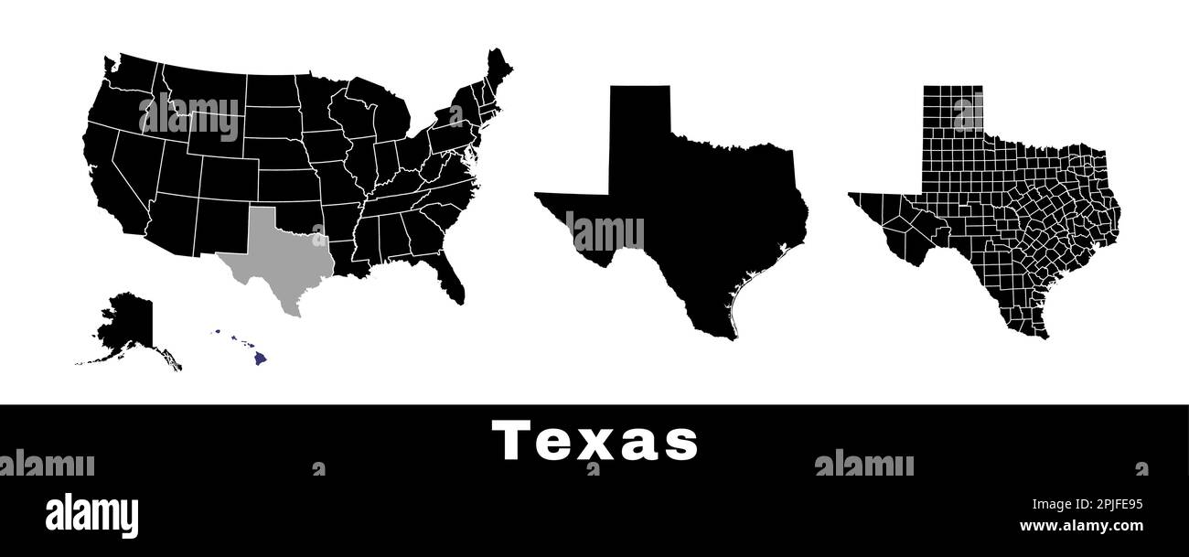 Karte des Bundesstaats Texas, USA. Satz von Karten von Texas mit Umriss der Grenze, Landkreise und US-Bundesstaaten. Schwarzweiß-Vektordarstellung. Stock Vektor