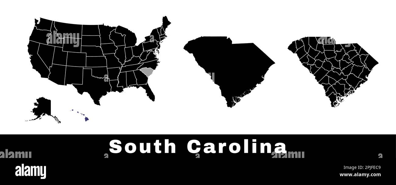 Karte des Bundesstaats South Carolina, USA. Eine Reihe von Karten von South Carolina mit einer Karte der Grenzen, Countys und US-Bundesstaaten. Schwarzweiß-Vektordarstellung. Stock Vektor