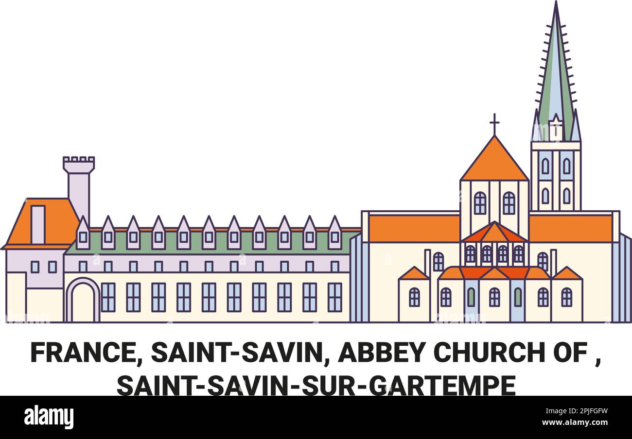 Frankreich, Saintsavin, Abteikirche von , Saintsavinsurgartempe Reise-Wahrzeichen Vektordarstellung Stock Vektor