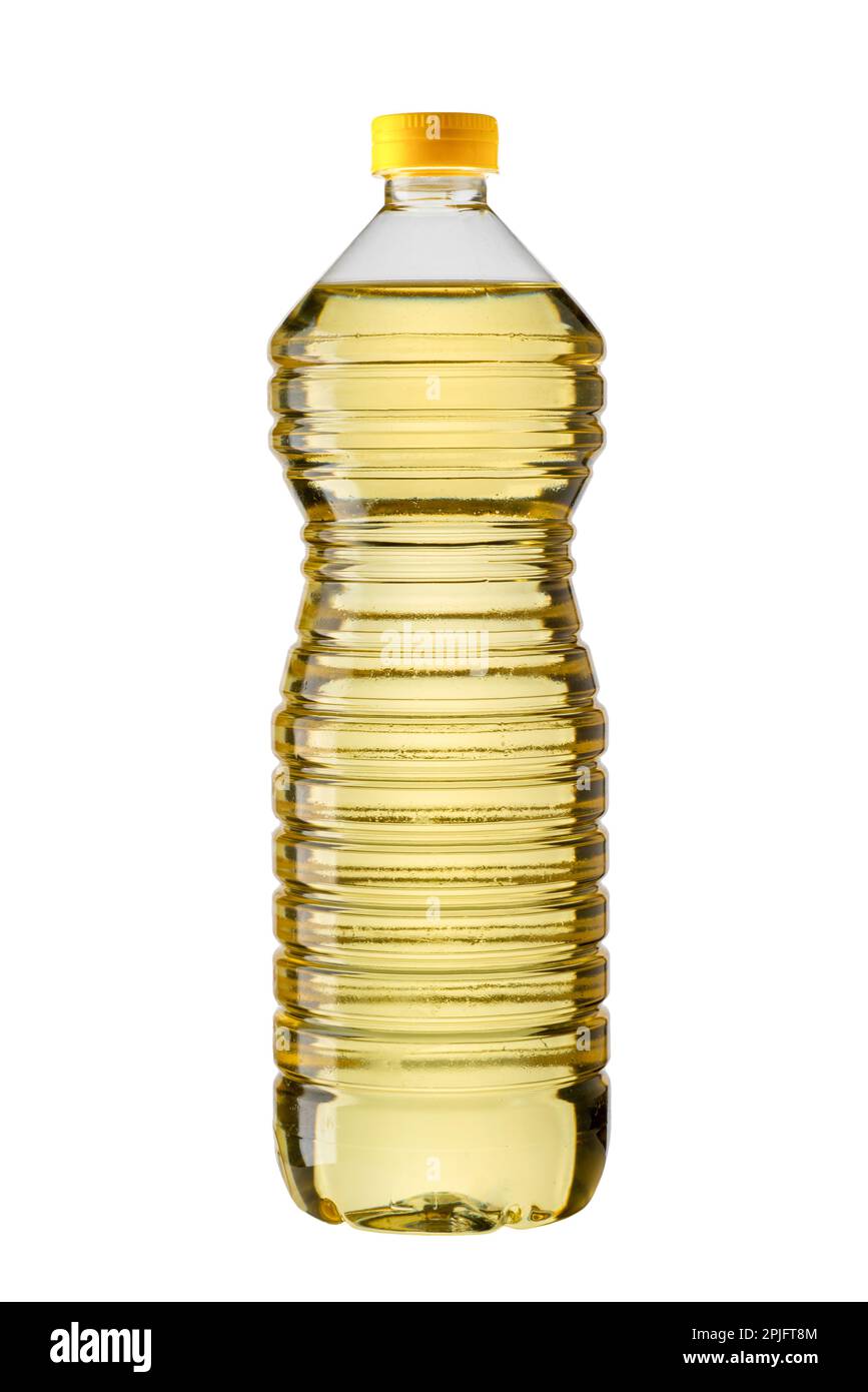 Sonnenblumenöl in weißer Kunststoffflasche isoliert mit Schnittweg Stockfoto