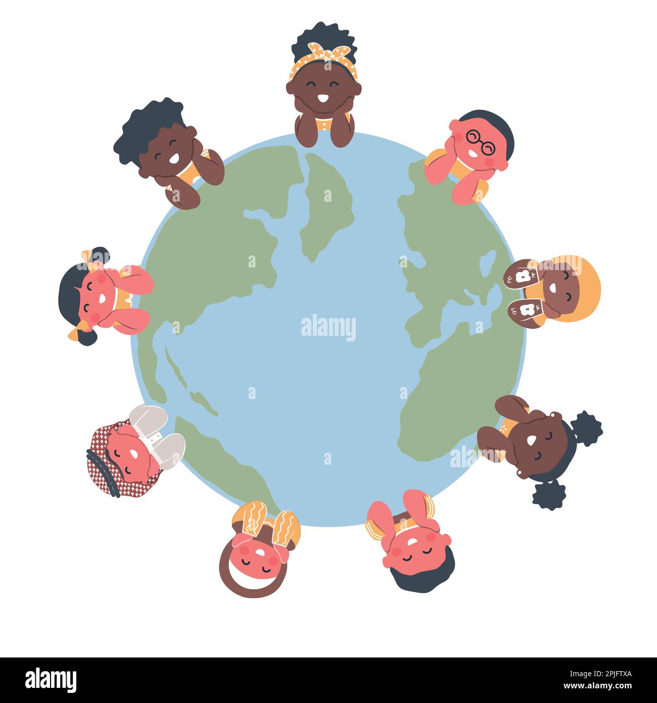 Kinder auf der Weltkarte. Multikulturelle Gruppe von Kindern. Fröhliche kleine Jungs und kleine Mädchen. Vektordarstellung Stock Vektor