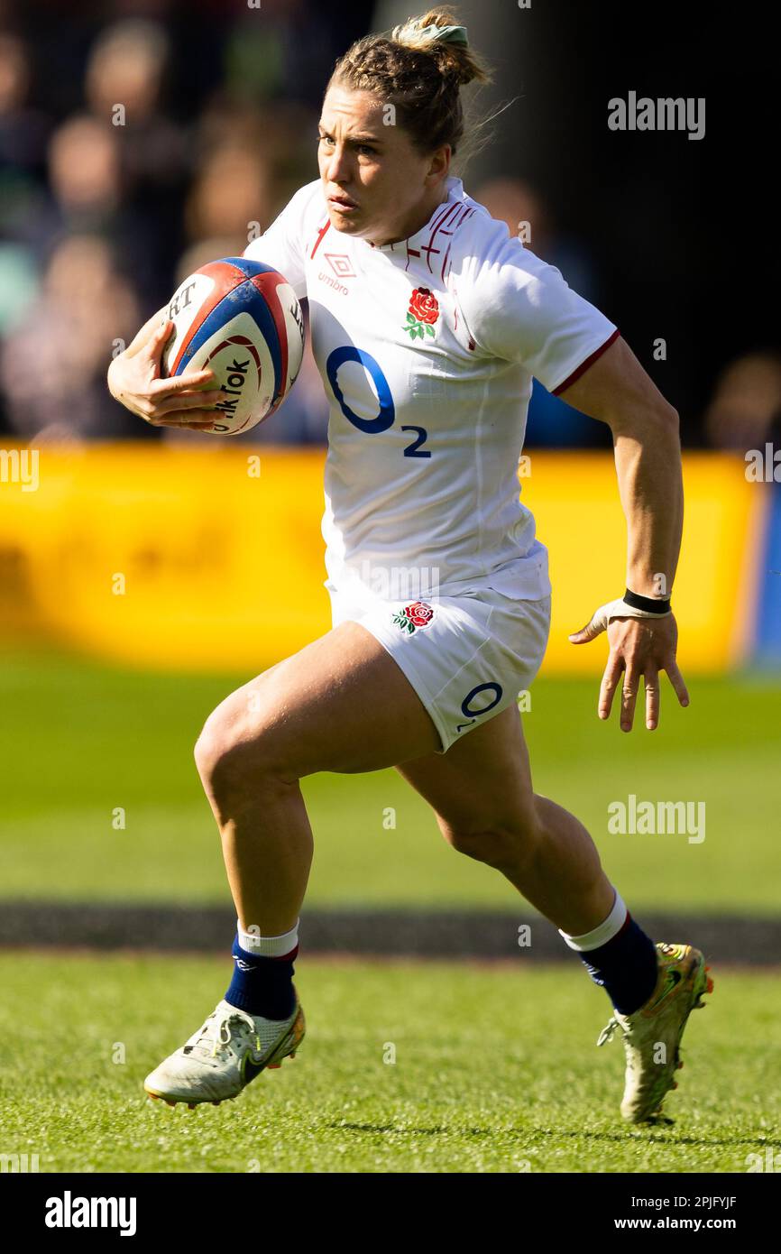 Northampton, Großbritannien. 02. April 2023. Claudia MacDonald of England Women beim TikTok Women's Six Nations Match England gegen Italien im Cinch Stadium in Franklin's Gardens, Northampton, Großbritannien, 2. April 2023 (Foto von Nick Browning/News Images) in Northampton, Großbritannien, am 4./2. April 2023. (Foto von Nick Browning/News Images/Sipa USA) Guthaben: SIPA USA/Alamy Live News Stockfoto