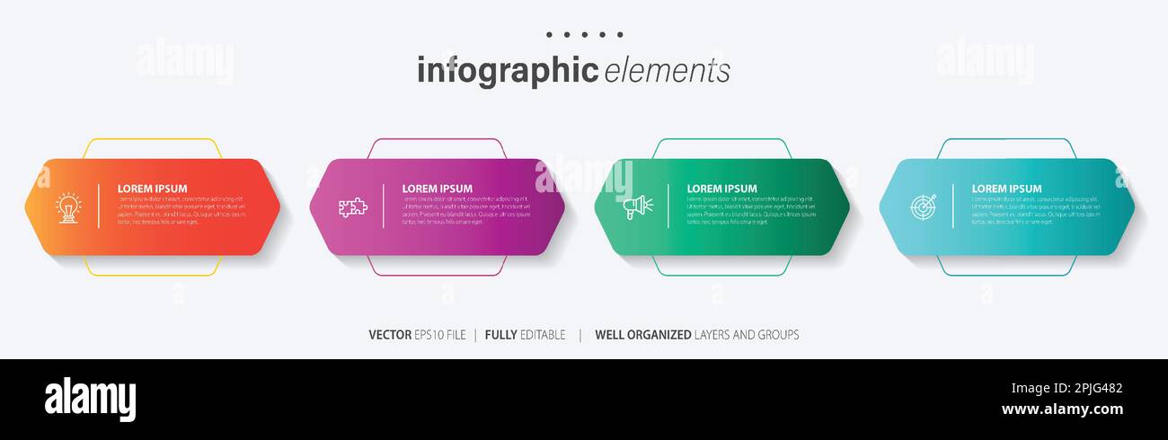 Vorlagendesign für Business-Infoelemente mit Symbolen und 4 Optionen oder Schritten. Vektordarstellung. Stock Vektor
