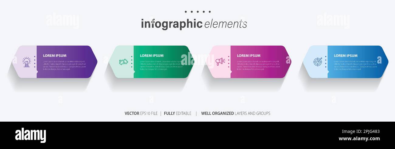 Vorlagendesign für Business-Infoelemente mit Symbolen und 4 Optionen oder Schritten. Vektordarstellung. Stock Vektor