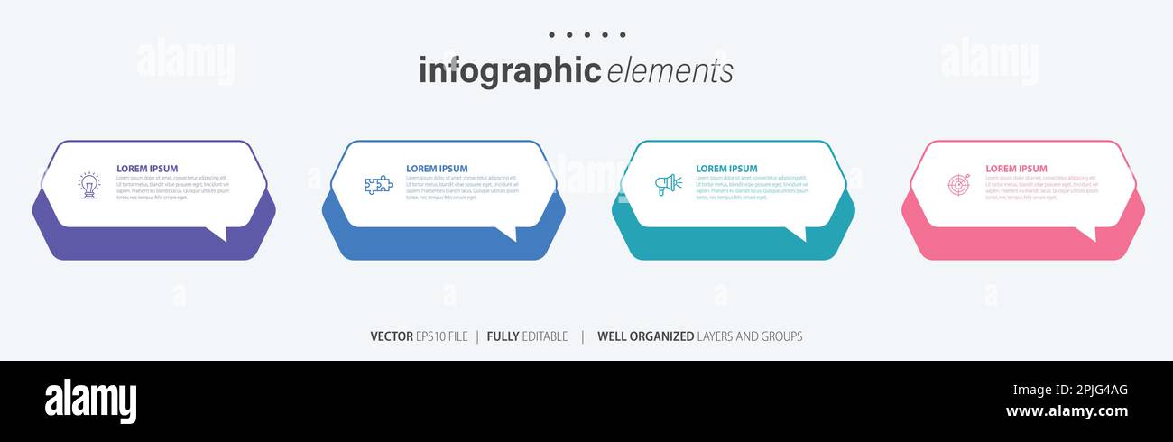 Vorlagendesign für Business-Infoelemente mit Symbolen und 4 Optionen oder Schritten. Vektordarstellung. Stock Vektor
