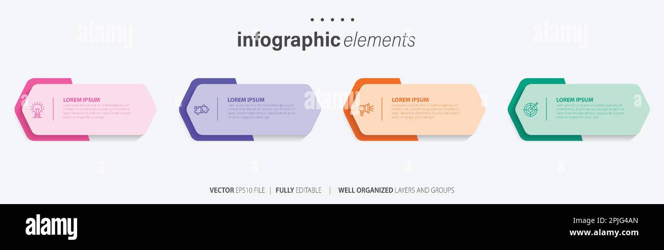 Vorlagendesign für Business-Infoelemente mit Symbolen und 4 Optionen oder Schritten. Vektordarstellung. Stock Vektor