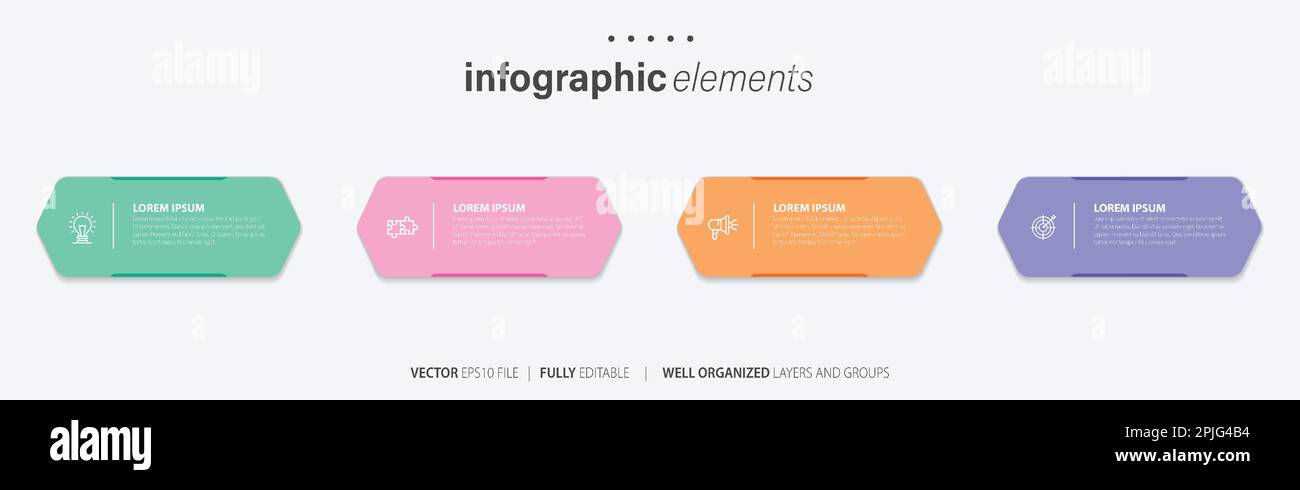 Vorlagendesign für Business-Infoelemente mit Symbolen und 4 Optionen oder Schritten. Vektordarstellung. Stock Vektor
