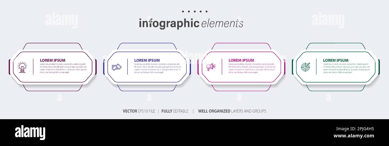 Vorlagendesign für Business-Infoelemente mit Symbolen und 4 Optionen oder Schritten. Vektordarstellung. Stock Vektor