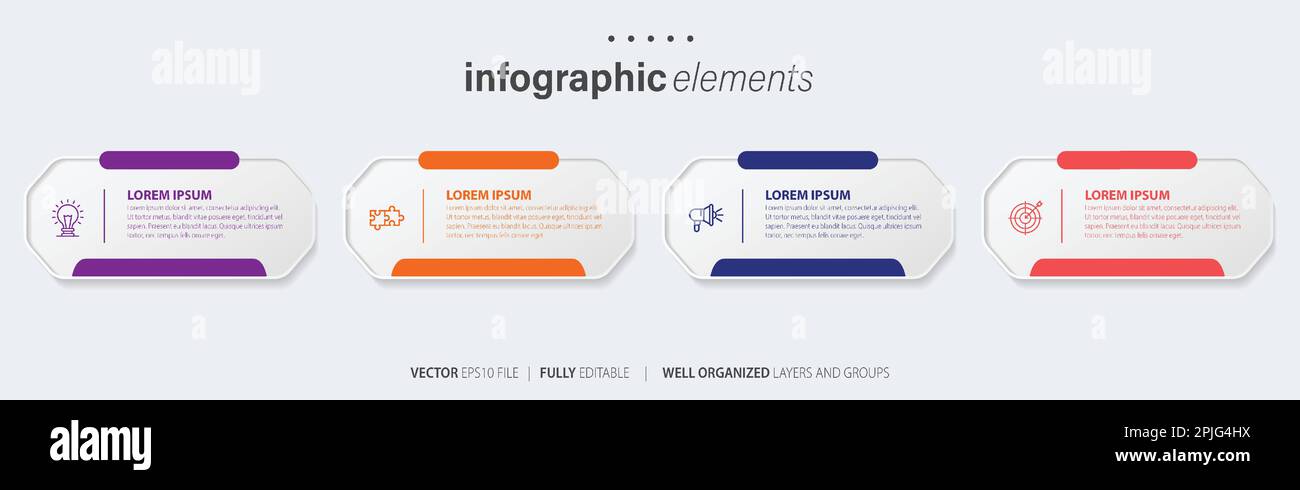 Vorlagendesign für Business-Infoelemente mit Symbolen und 4 Optionen oder Schritten. Vektordarstellung. Stock Vektor