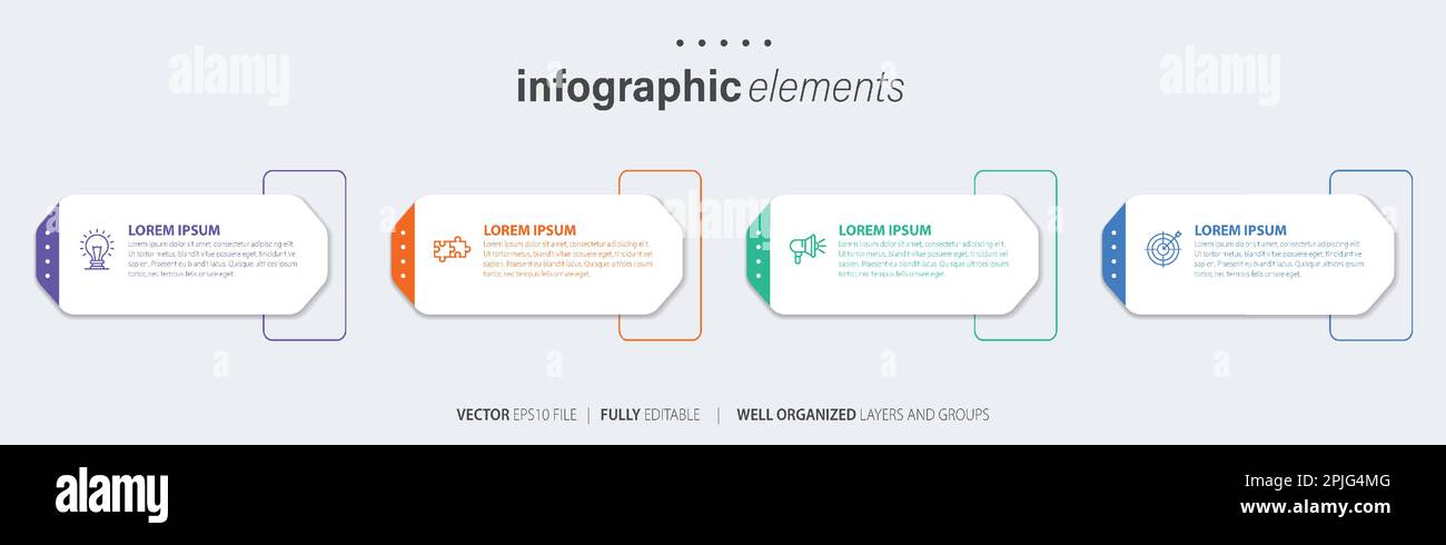 Vorlagendesign für Business-Infoelemente mit Symbolen und 4 Optionen oder Schritten. Vektordarstellung. Stock Vektor