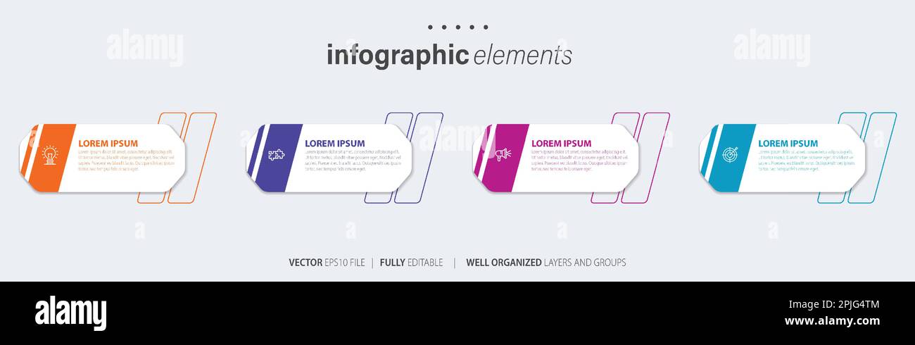 Vorlagendesign für Business-Infoelemente mit Symbolen und 4 Optionen oder Schritten. Vektordarstellung. Stock Vektor
