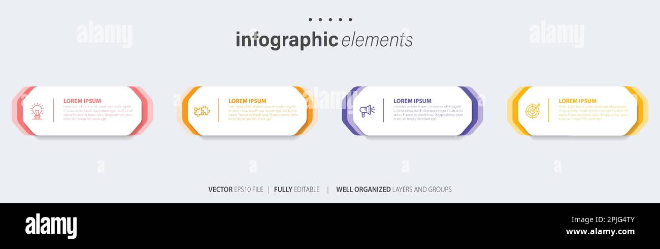 Vorlagendesign für Business-Infoelemente mit Symbolen und 4 Optionen oder Schritten. Vektordarstellung. Stock Vektor