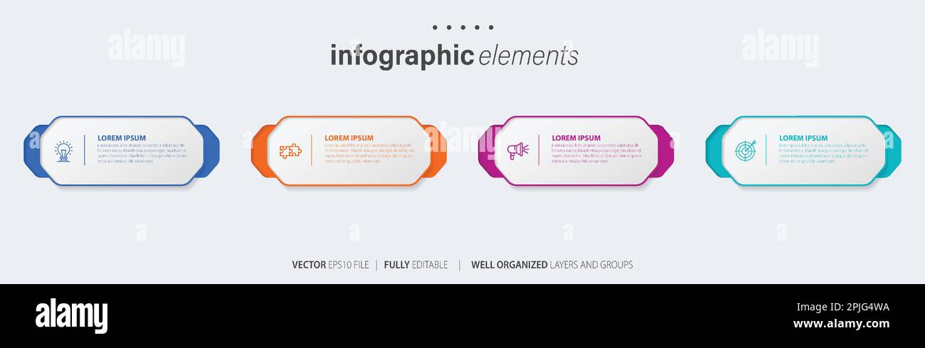 Vorlagendesign für Business-Infoelemente mit Symbolen und 4 Optionen oder Schritten. Vektordarstellung. Stock Vektor