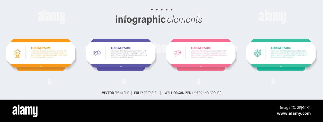 Vorlagendesign für Business-Infoelemente mit Symbolen und 4 Optionen oder Schritten. Vektordarstellung. Stock Vektor