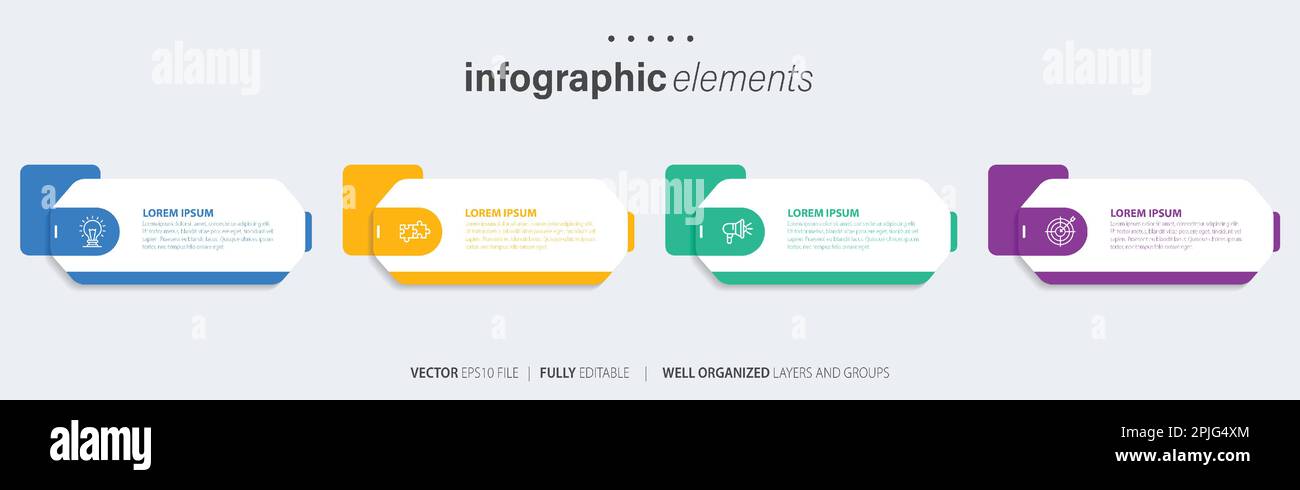Vorlagendesign für Business-Infoelemente mit Symbolen und 4 Optionen oder Schritten. Vektordarstellung. Stock Vektor