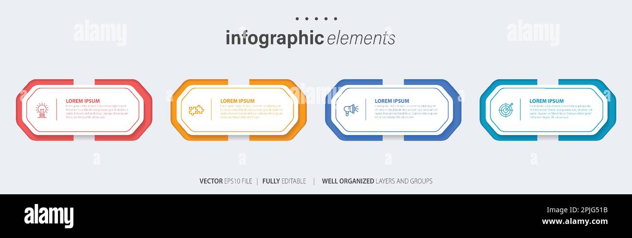 Vorlagendesign für Business-Infoelemente mit Symbolen und 4 Optionen oder Schritten. Vektordarstellung. Stock Vektor