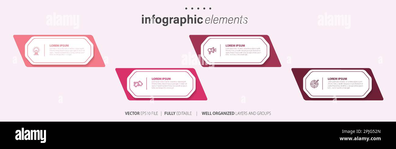 Vorlagendesign für Business-Infoelemente mit Symbolen und 4 Optionen oder Schritten. Vektordarstellung. Stock Vektor