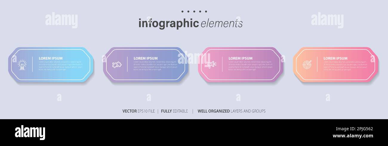 Vorlagendesign für Business-Infoelemente mit Symbolen und 4 Optionen oder Schritten. Vektordarstellung. Stock Vektor