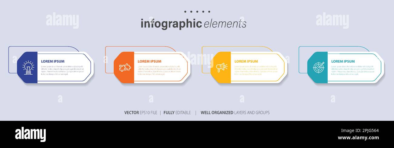 Vorlagendesign für Business-Infoelemente mit Symbolen und 4 Optionen oder Schritten. Vektordarstellung. Stock Vektor