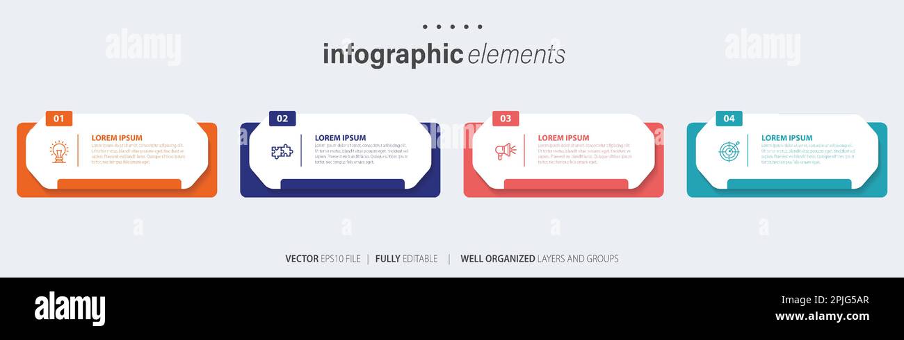 Vorlagendesign für Business-Infoelemente mit Symbolen und 4 Optionen oder Schritten. Vektordarstellung. Stock Vektor