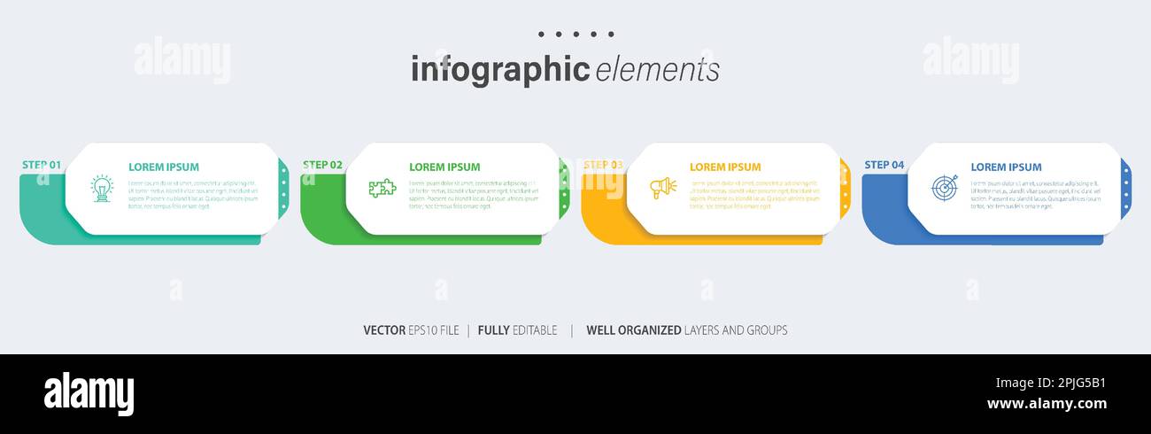 Vorlagendesign für Business-Infoelemente mit Symbolen und 4 Optionen oder Schritten. Vektordarstellung. Stock Vektor