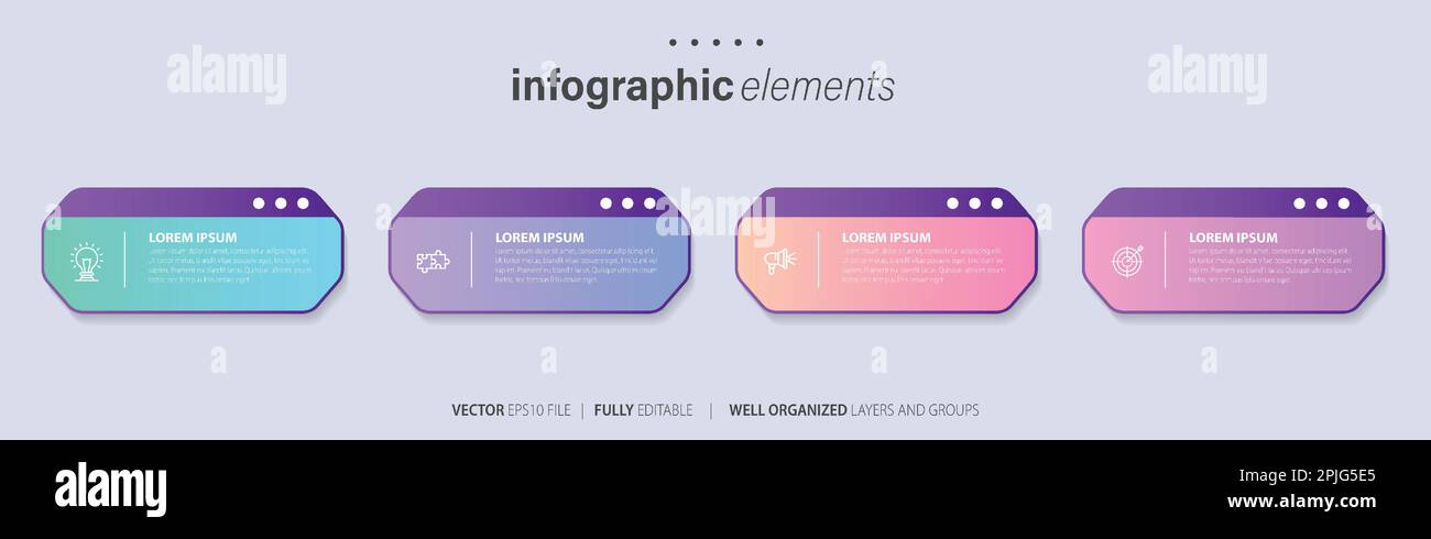 Vorlagendesign für Business-Infoelemente mit Symbolen und 4 Optionen oder Schritten. Vektordarstellung. Stock Vektor