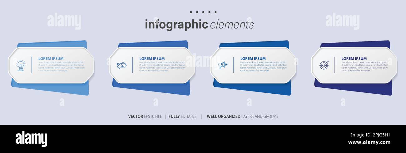 Vorlagendesign für Business-Infoelemente mit Symbolen und 4 Optionen oder Schritten. Vektordarstellung. Stock Vektor