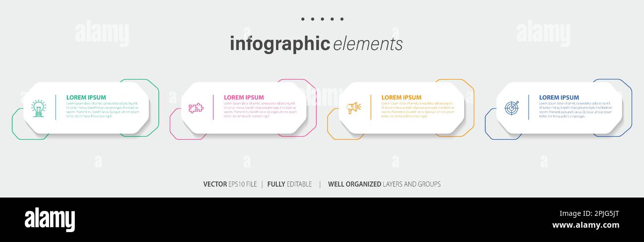 Vorlagendesign für Business-Infoelemente mit Symbolen und 4 Optionen oder Schritten. Vektordarstellung. Stock Vektor