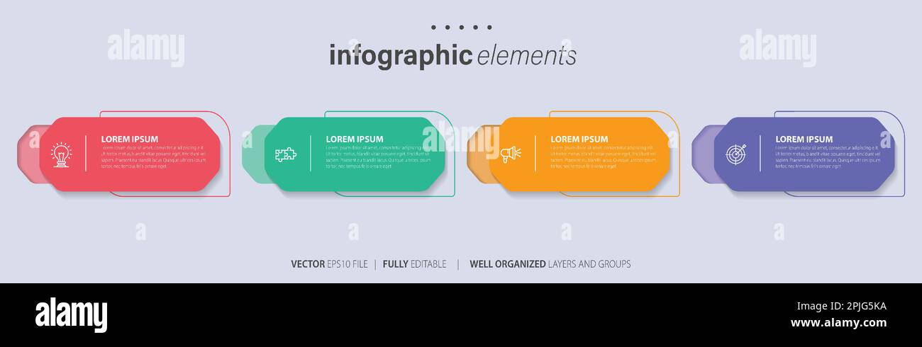 Vorlagendesign für Business-Infoelemente mit Symbolen und 4 Optionen oder Schritten. Vektordarstellung. Stock Vektor