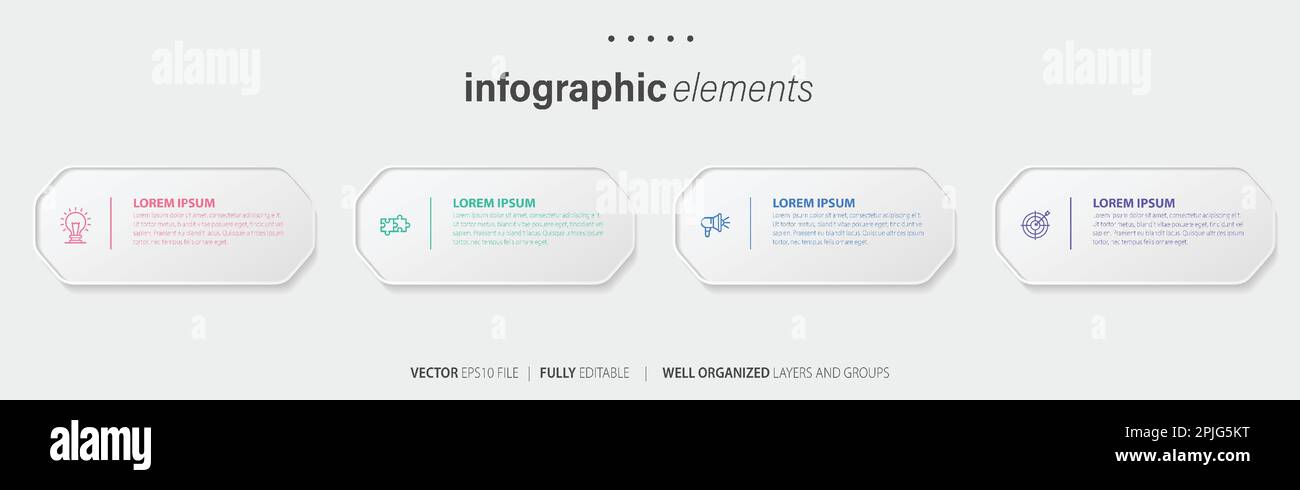 Vorlagendesign für Business-Infoelemente mit Symbolen und 4 Optionen oder Schritten. Vektordarstellung. Stock Vektor