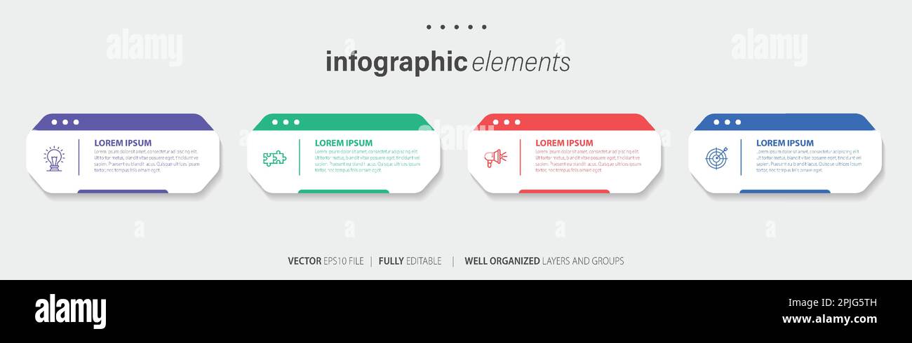 Vorlagendesign für Business-Infoelemente mit Symbolen und 4 Optionen oder Schritten. Vektordarstellung. Stock Vektor