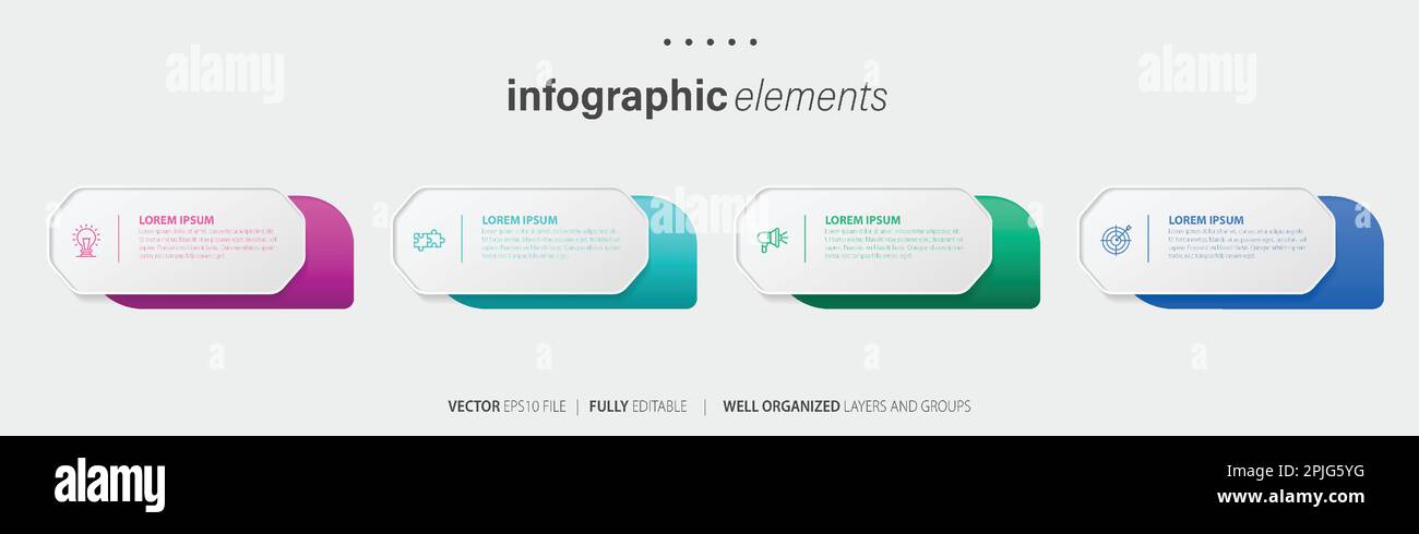 Vorlagendesign für Business-Infoelemente mit Symbolen und 4 Optionen oder Schritten. Vektordarstellung. Stock Vektor