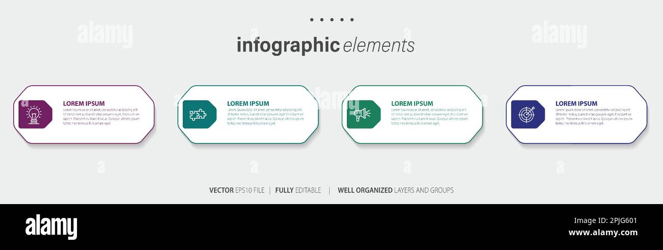 Vorlagendesign für Business-Infoelemente mit Symbolen und 4 Optionen oder Schritten. Vektordarstellung. Stock Vektor
