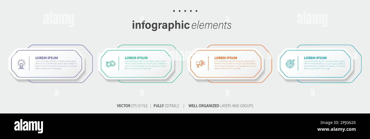 Vorlagendesign für Business-Infoelemente mit Symbolen und 4 Optionen oder Schritten. Vektordarstellung. Stock Vektor
