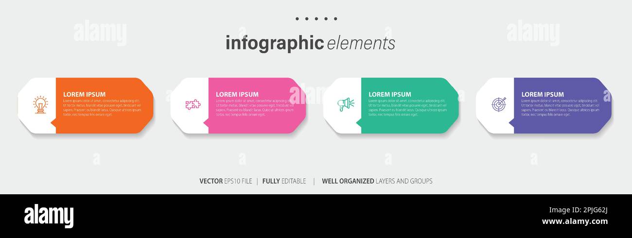 Vorlagendesign für Business-Infoelemente mit Symbolen und 4 Optionen oder Schritten. Vektordarstellung. Stock Vektor