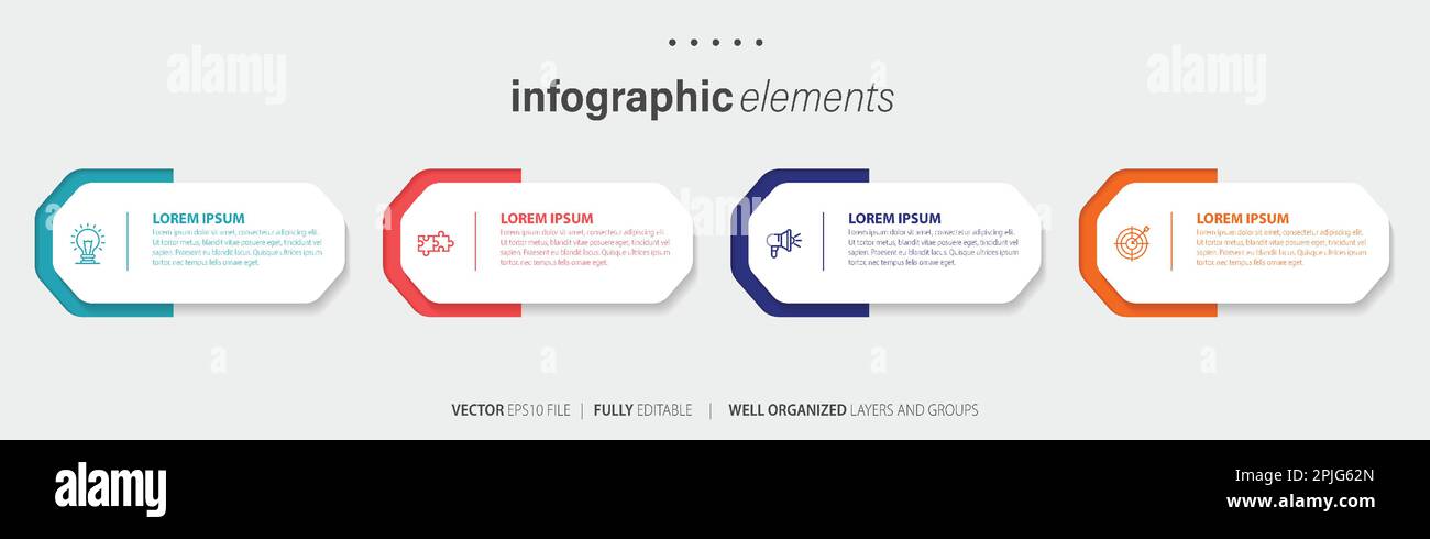Vorlagendesign für Business-Infoelemente mit Symbolen und 4 Optionen oder Schritten. Vektordarstellung. Stock Vektor