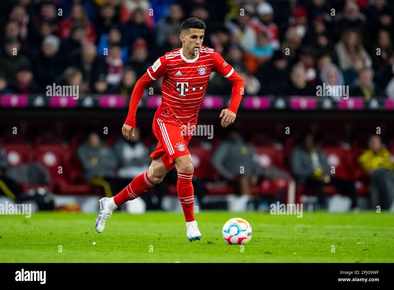 München, Deutschland. 01. April 2023. Fußball: Bundesliga, Bayern München - Borussia Dortmund, Spieltag 26, Allianz Arena. Joao Pedro Cavaco Cancelo in München in Aktion. Kredit: Tom Weller/dpa - WICHTIGER HINWEIS: Gemäß den Anforderungen der DFL Deutsche Fußball Liga und des DFB Deutscher Fußball-Bund ist es verboten, im Stadion aufgenommene Fotos und/oder das Spiel in Form von Sequenzbildern und/oder videoähnlichen Fotoserien zu verwenden oder verwenden zu lassen./dpa/Alamy Live News Stockfoto