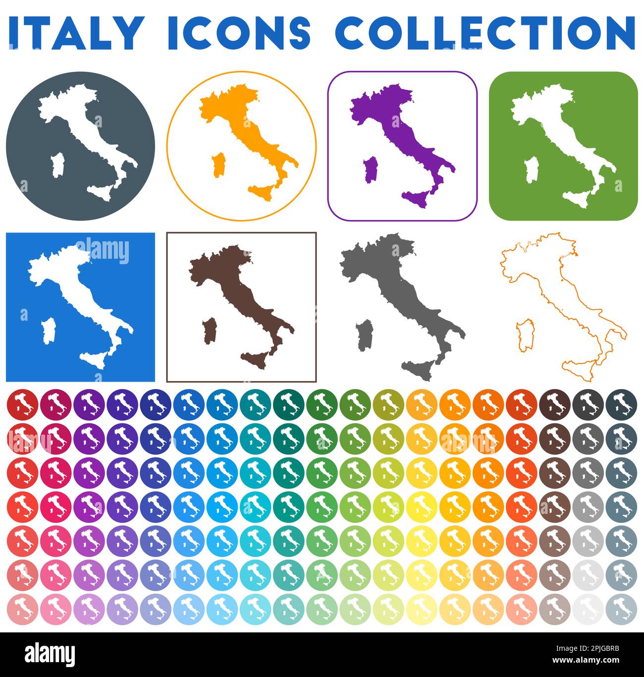 Italien Icons Kollektion. Bunte, trendige Kartensymbole. Modernes Italien-Abzeichen mit Landkarte. Vektorabbildung. Stock Vektor
