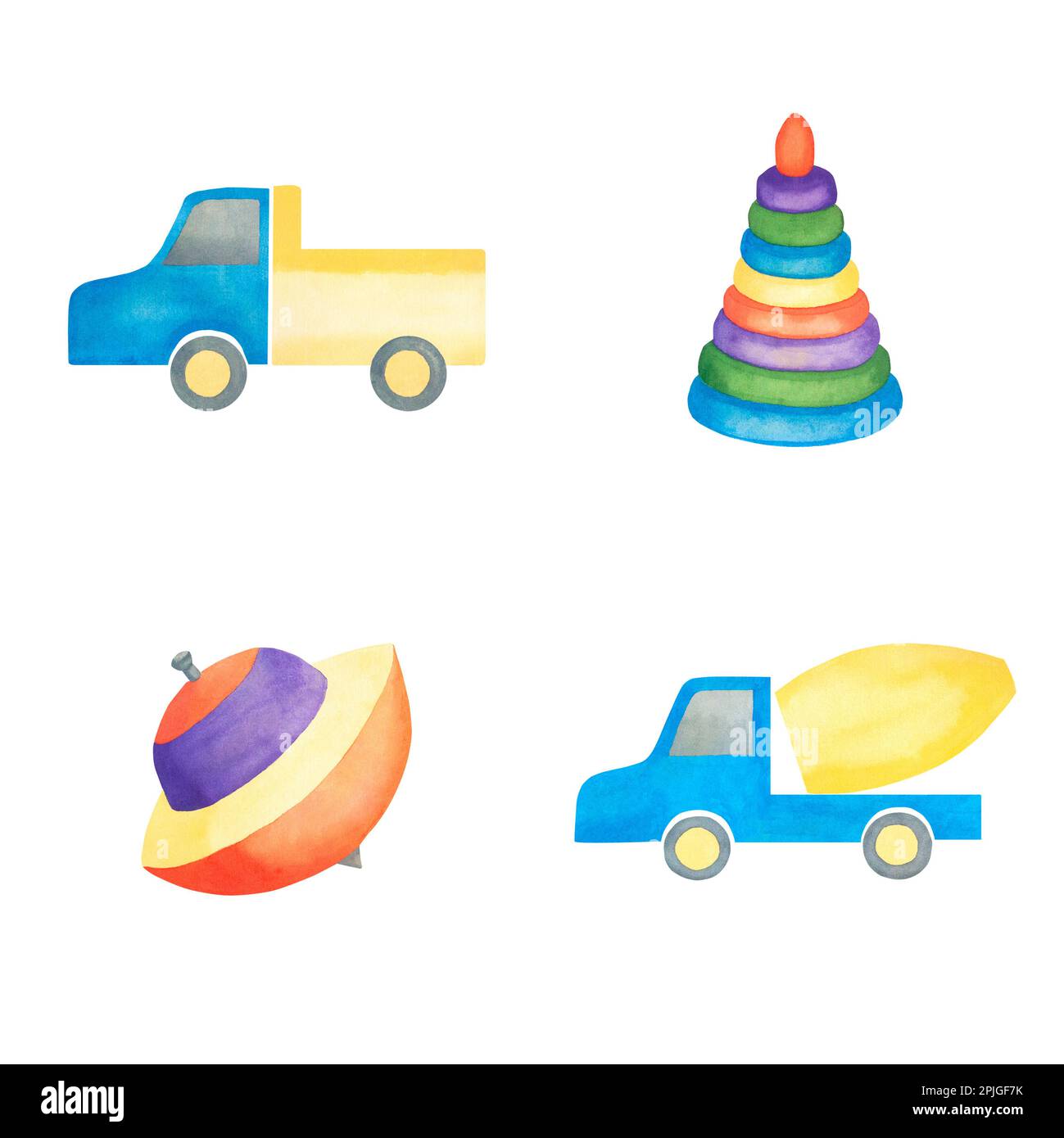 Kinderspielzeug. Aquarell-Darstellung eines Lastwagens, einer Pyramide, eines Wirbelsturms, eines Betonmischers. Illustration für Kinder. Separat auf weißem Hintergrund. Stockfoto