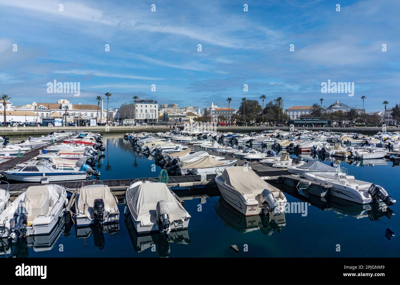 Die Bootsanlegestelle im Hafen von Faro, Portugal Stockfoto