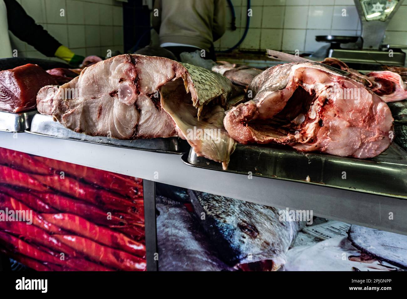 Rohes Fischfleisch zum Verkauf auf dem Fischmarkt in Quarteira, Portugal. Stockfoto