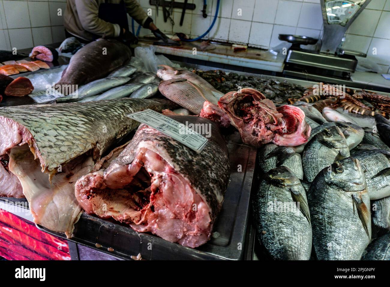 Rohes Fischfleisch zum Verkauf auf dem Fischmarkt in Quarteira, Portugal. Stockfoto