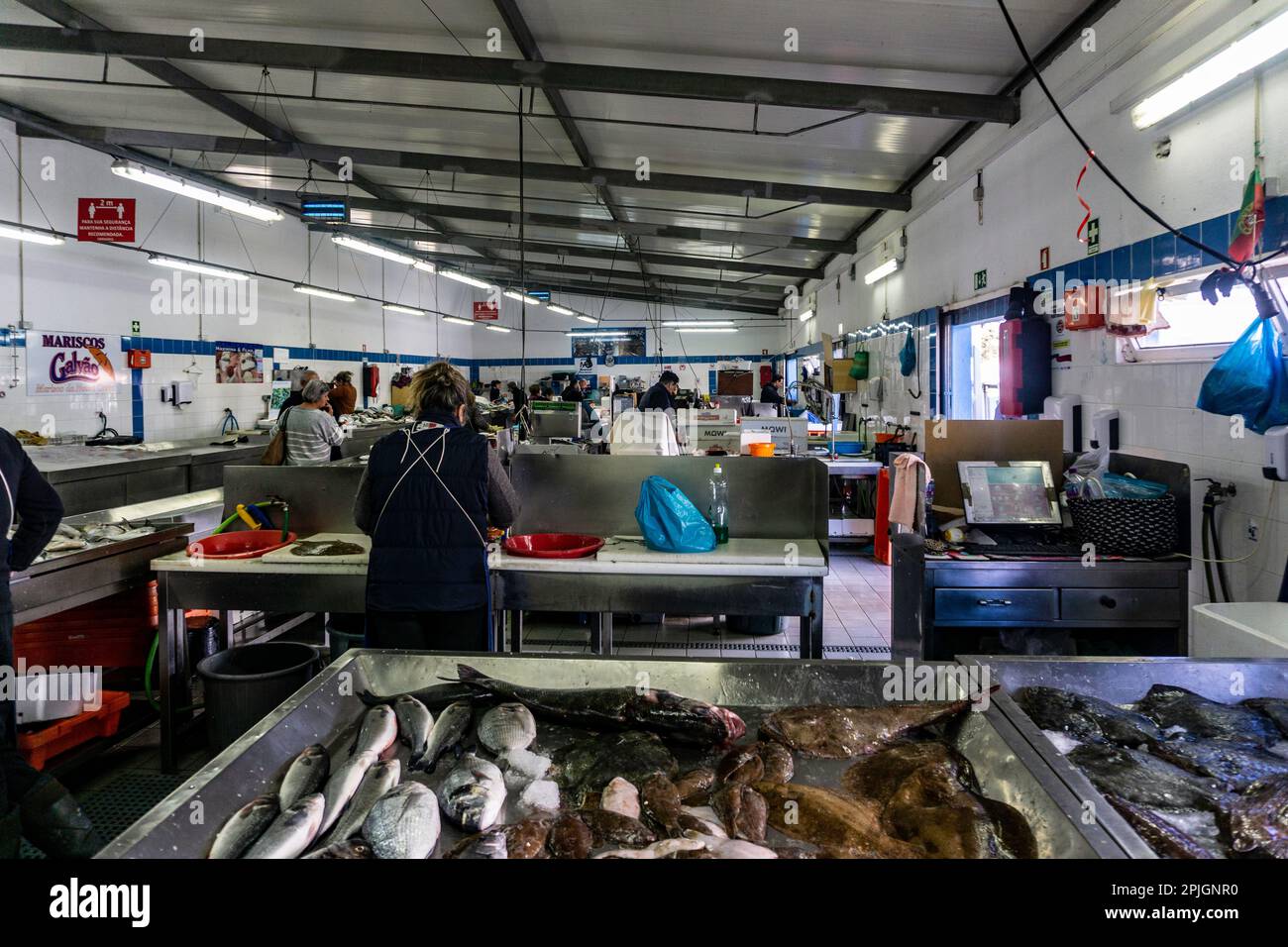 Blick auf den Fischmarkt in Quarteira, Portugal. Stockfoto