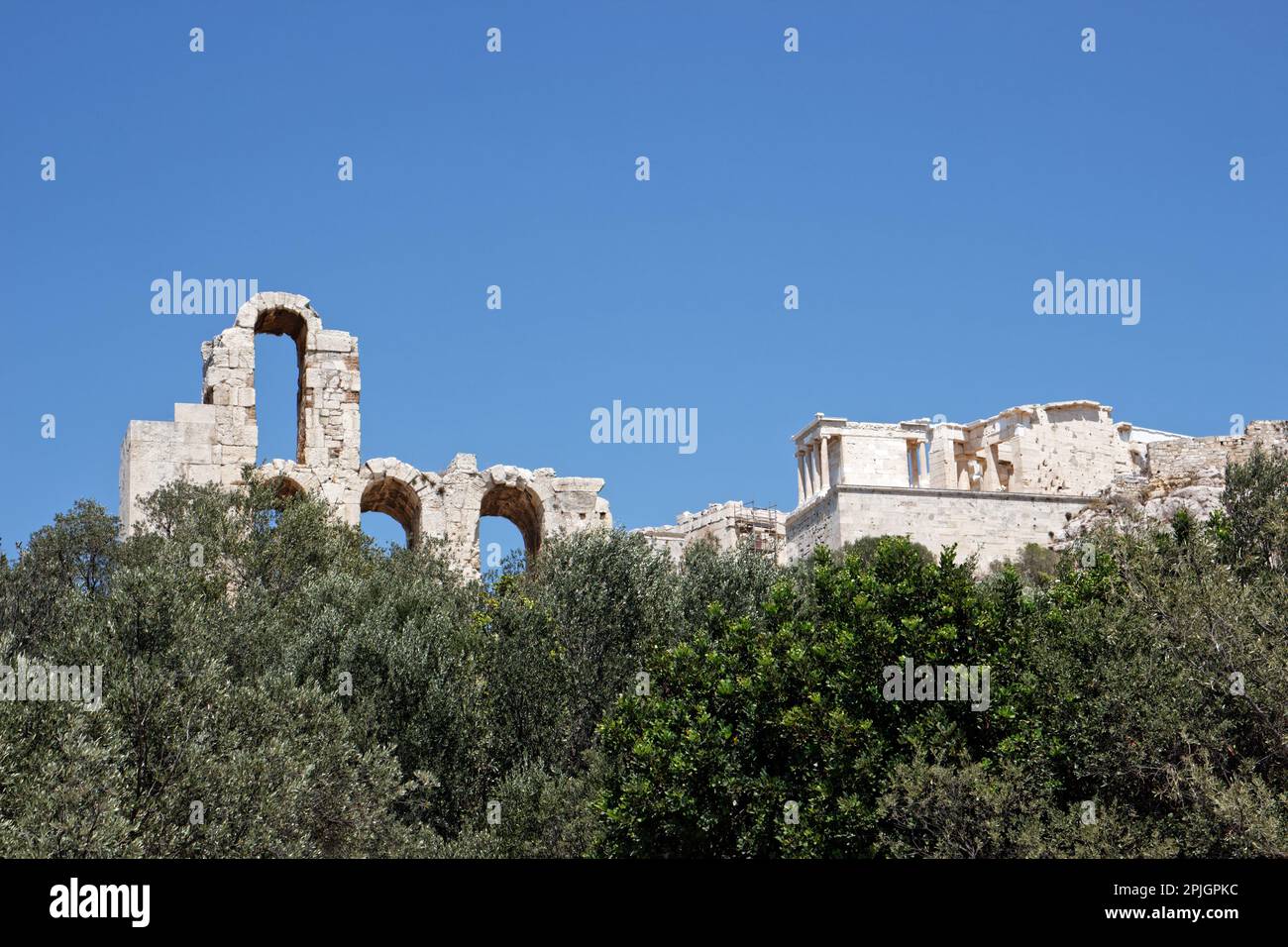 Alte Ruinen auf der Akropolis hinter einer Baumgrenze Stockfoto