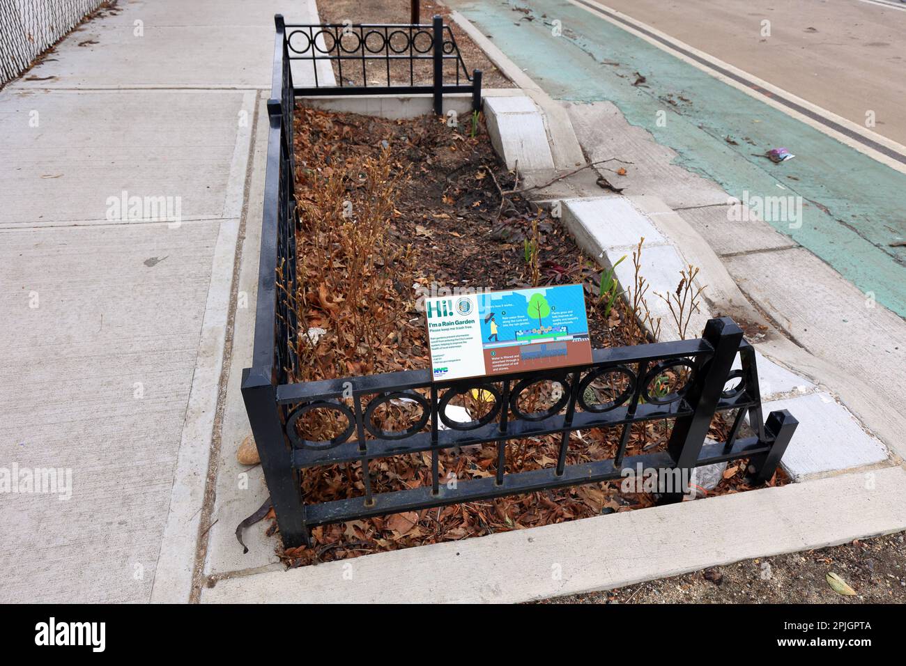 Ein NYC-Regengarten mit Hinweisschildern. Regengärten sind so konzipiert, dass sie den Sturmwasserfluss von der Kanalisation ableiten (siehe weitere Informationen) Stockfoto